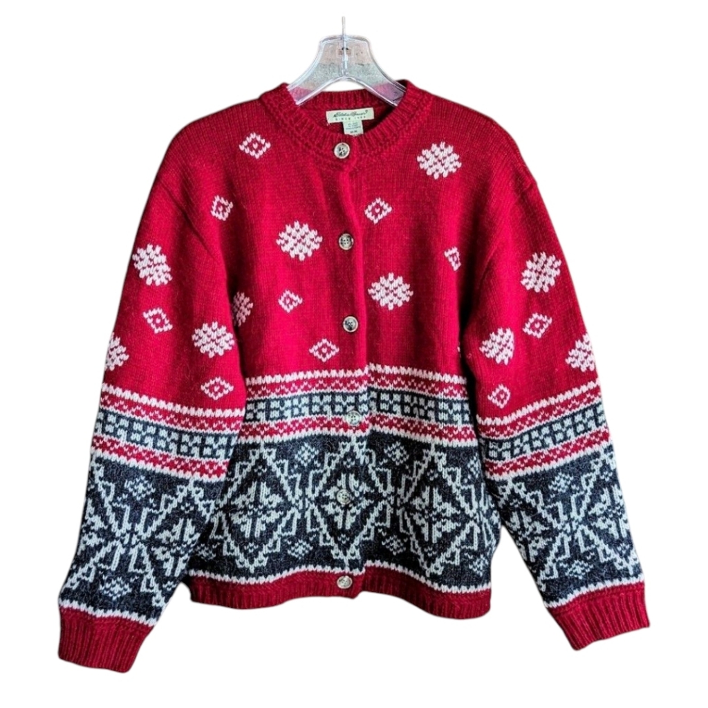 Vintage Y2k Eddie Bauer Snow Flake Fair Isle Wool Alpaca Cardigan Sweater